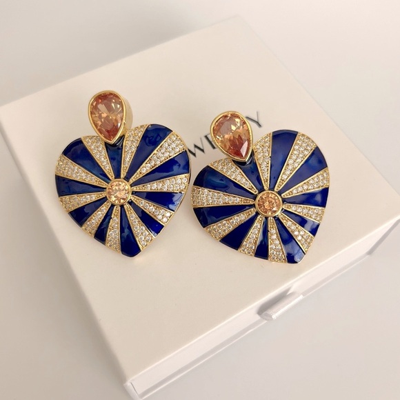 Heart Earrings 22k Gold Plated Enameled Handcrafted Luxury Jewelry - Picture 3 of 10